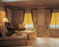 Hunter Douglas Vignette Flat Roman Shades with tied back drapery panels on wood rod-- South Palm Beach Florida