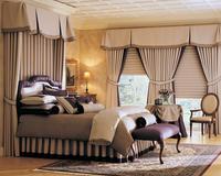 Hunter Douglas Vignette Hobbled Roman Shades-- Inverted Pleat Top Treatment with banding in conjunction with drapery panels tied back with contrasted banding -- Boynton Beach Florida