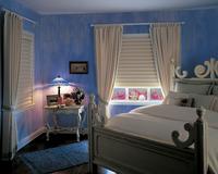 Room Darkening Vignette Modern Roman Shades-- Tieback drapery panels on white wood rods with custom bedding -- Delray Beach Florida