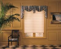 Swag Top Treatment with jabots and Cascades -- mounted over Hunter Douglas Vignette Modern Roman Shade -- Palm Beach County Florida