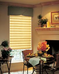 Singer Island Florida -- Linen Look Hunter Douglas Modern Roman Shade in Hobbled Version under Olive Modern Cornice