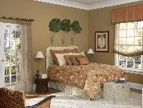 Custom-made box pleated valance with custom-made bedding, pillows, and sheers on metal rod-- Lake Worth Florida home