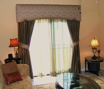 Decorative Sheers with drapery panels tied back and shaped cornice -- Jupiter Florida Residence