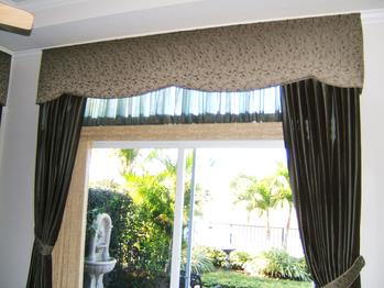 Sliding Door Treatment -- Cornice with tied back panels -- Boca Raton Home