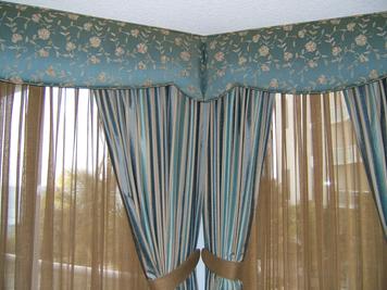 Cornices and Tied Back Drapery Drape Panels with colored sheers- Singer Island Oceanfront Residence