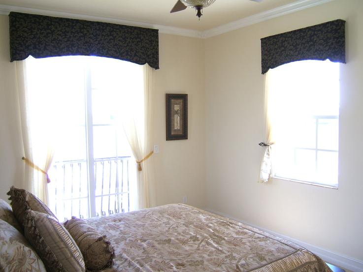 Shaped Cornices and Tied Back Sheers in upper bedroom of Jupiter Florida home