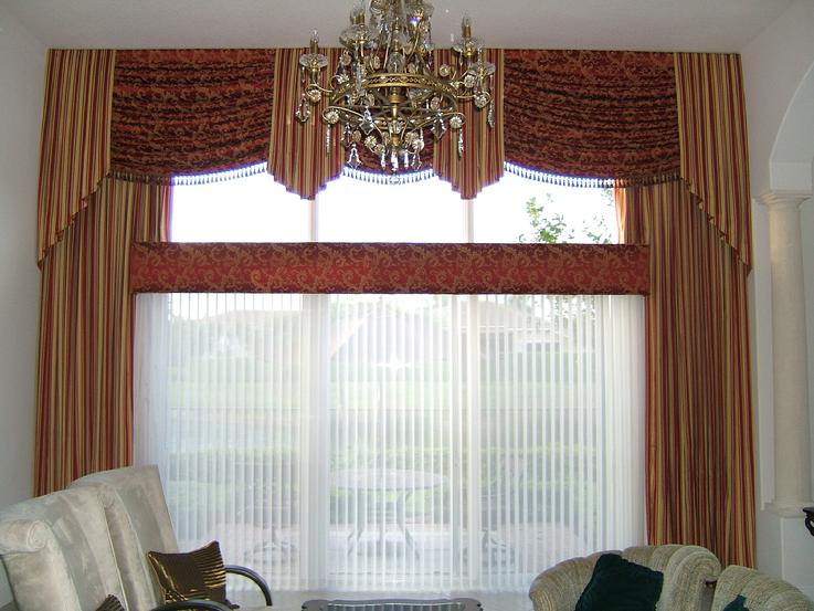 Drapery with Swag Top Treatment and Trim Luminette Sheer Shade/Blind below Cornice-- Palm Beach Gardens Residence